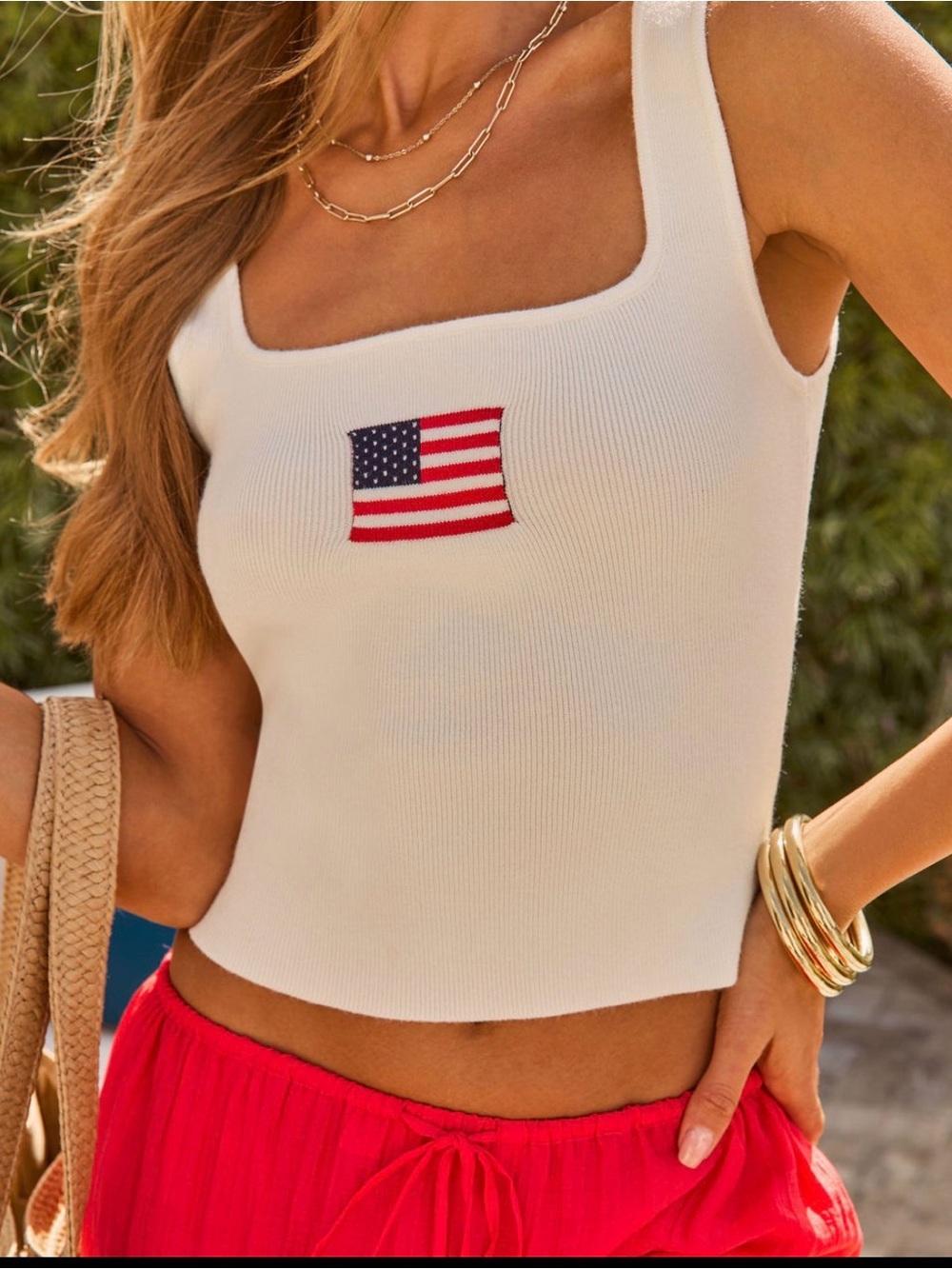 VICI Emory Park USA 4th Knit Ribbed Square Neck Tank Top Flag Embroidered Large